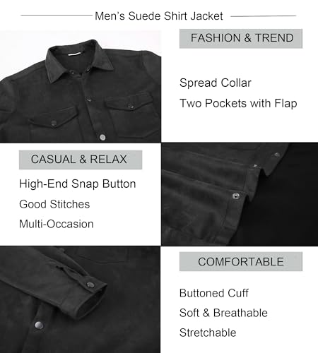 Alex Vando Mens Suede Shirt Jackets Long Sleeve Two Pockets Snap Casual Button Down Shirts