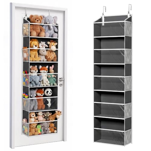 ULG Stuffed Animal Organizer Over the Door, Large Hanging Plush Toy Storage with Mesh Window, Cotton Kids Toy Organizer for Bedroom, Nursery, Playroom & Baby Items Dark Grey