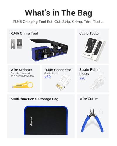 Image of VCELINK RJ45 Crimp Tool Kit for CAT7 /6A /6 /5E /5, Upgraded Network Tool Set with an Ethernet Crimper, 50 RJ45 Connectors & Boots, Cable Tester, Wire Stripper and Cutter in a Cloth Bag, Blue
