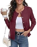 PrinStory Cárdigans para Mujeres Reino Unido de Punto Trenzado Manga Larga con Botones Suéter para Damas Frente Abierto Tejido Elegante Ropa Exterior, rojo vino, M