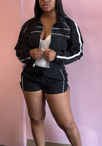 SHINFY Women Summer 2 Piece Short Sets Long Sleeve Zip Jacket Matching Shorts Jogger Sweatsuits Workout Lounge Sets4