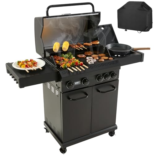 4 Burner Gas Grill Cast Iron Griddle Grill Combo, BBQ Propane Grills with Side Burner 50000BTU Heavy Duty Barbucue Grill With Cover, Black