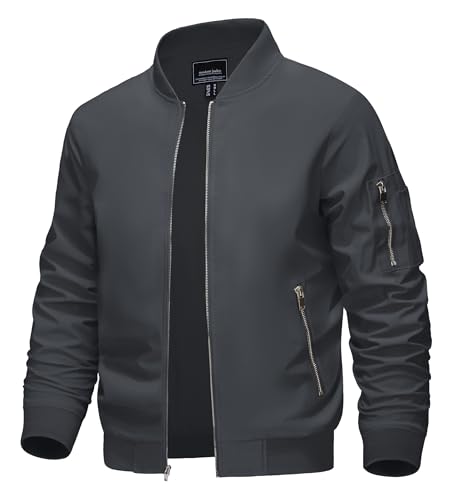 KEFITEVD Men's Summer Bomber Jacket Thin Lightweight Baseball Jackets with Multi Pockets Dark Grey, 2XL