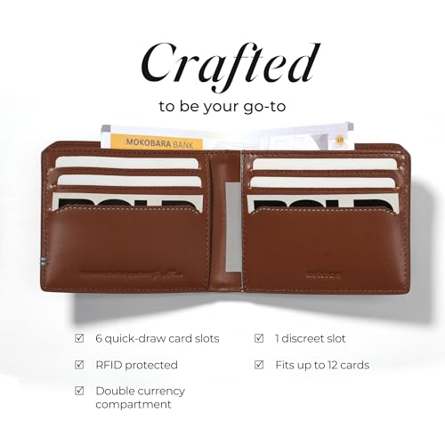 Image of MOKOBARA Stash Bifold Wallet for Men | Monostriped | Genuine Leather | RFID Protected | Holds Up to 12 Cards | Double Currency Compartment | Tan Lines (Tan)