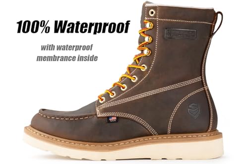 Image of SUREWAY 8in Waterproof Moc Toe Work Boots for Men - Soft Toe,Premium Full-Grain Leather,Safety Wedge Work Boots /Shoes,Comfort Insole,Oil /Slip Resistant,GoodyearWelt,Industrial Construction BROWN