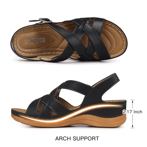 TEMOFON Flat Women Sandals Wide: Black Brown White Leather Summer Sandal - Rubber Sole - Dressy Comfortable Walking Sandal Size 5-114