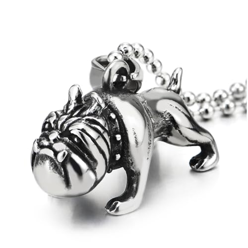 COOLSTEELANDBEYOND Acero Inoxidable Bulldog Pitbull Colgante Collar de Hombre, Pulido, Bola Cadena 60CM