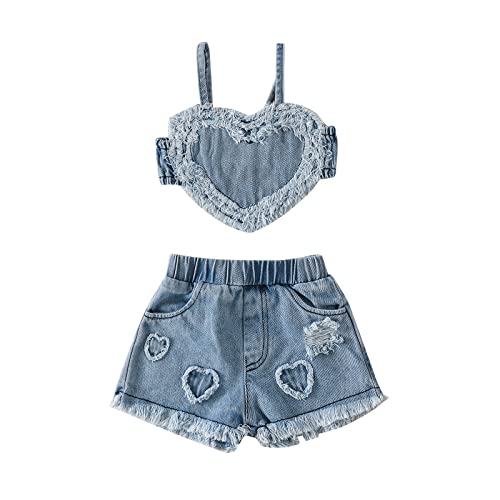2PCS Infant Baby Girl Raw Edge Heart Shape Strap Crop Tops + Heart Ripped Denim Shorts Clothes Sets