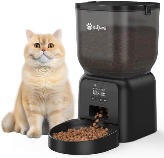 Olfjurk Automatic Cat Feeder, 4L Timed Auto Dry Cat Food Dispenser Programmable Control 1-6 Meals | Dual Power Supply with Desiccant Bag
