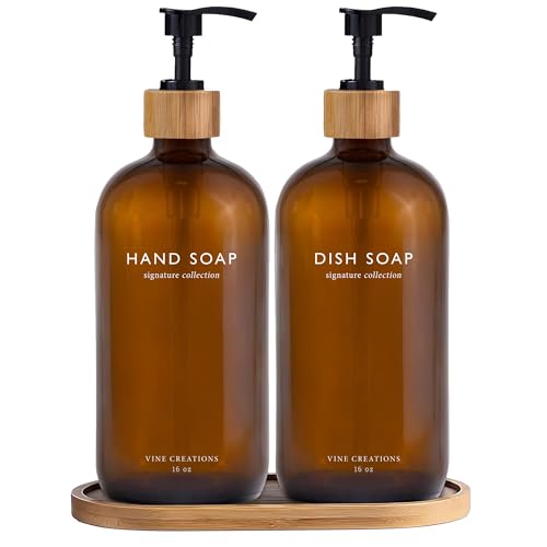 Vine Creations Amber Glass Soap Dispenser Set, Hand Soap and Dish Soap Dispenser Set with Bamboo Tray, 16 oz Glass Dispensers Bottle for Kitchen and Bathroom Decor Modern Boho with Bamboo Pump (Amber)