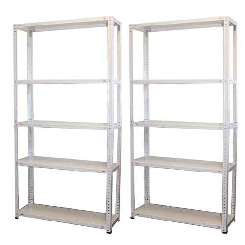 Kit 2 estanterías modulares metálica para uso particular y profesional, color BLANCO 5 baldas capacidad de carga máxima 250kg. 170cm x 75cm x 30cm. Ideal para garajes, talleres, almacenes y decoración