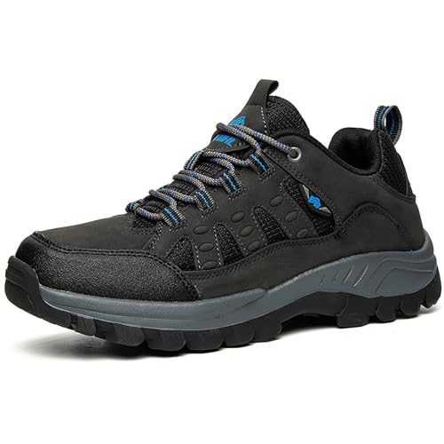 QLPOU Men's Breathable Hiking Shoes Lightweight Trail Running Shoes Non-Slip Low-Top Outdoor Sneakers for Trekking Training Walking Camping (Black,9)