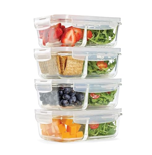 4 Pack 27oz Glass Food Storage Containers with Lids Meal Prep Containers 2 Compartments Airtight Lunch Containers Bento Boxes with Snap Locking Lids for Microwave Oven Freezer