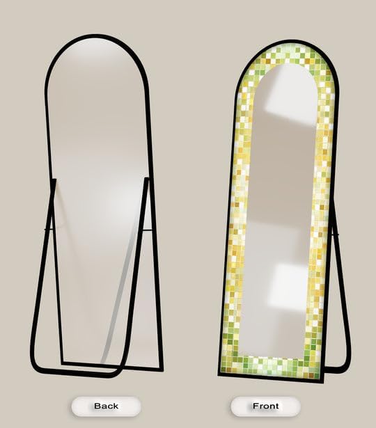 23,5’’W x 67’’H Lime Glow Harmony – Fresh Green Mosaic Floor Mirror Arched Full Lenght Mirror - Arch Full Body Stained Floor Mirror with Black Frame with Black Frame