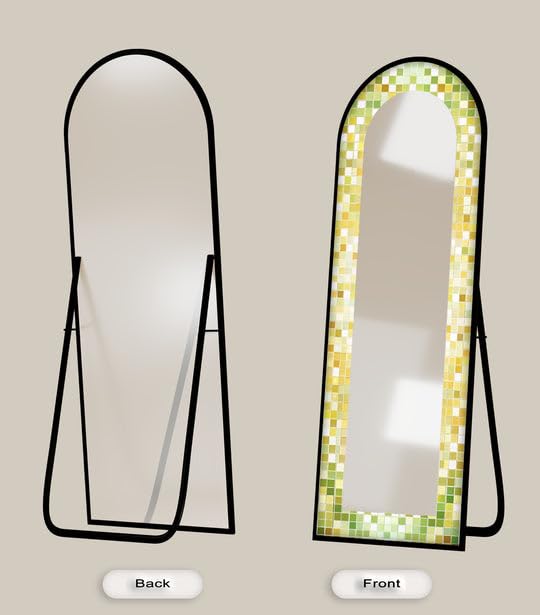 Lime Glow Harmony - Specchio da pavimento con mosaico verde fresco, lunghezza completa, 50,8 x 160 cm (larghezza x altezza), con cornice nera e cornice dorata