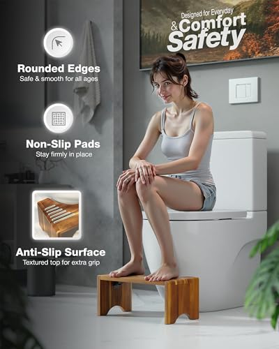 LotusSway Foldable Toilet Stool, Acacia Wood Poop Stool for Potty Training, 7 Inch Wooden Bathroom Aid for Comfortable Posture, Non-Slip Grooved Design for Adults or Seniors - Thumbnail 6