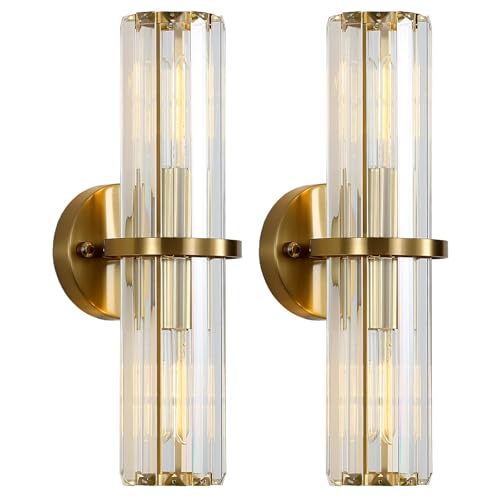 Povectolay Crystal Wall Sconce Set of 2, Gold Crystal Bathroom Wall Light, Modern Sconces Wall Decor 2-Light Luxury Indoor Wall Lamp 15.7-Inch for Living Room, Hallway, Mirror, Bathroom, Vanity E26 by Povectolay - Used condition - US$109.99