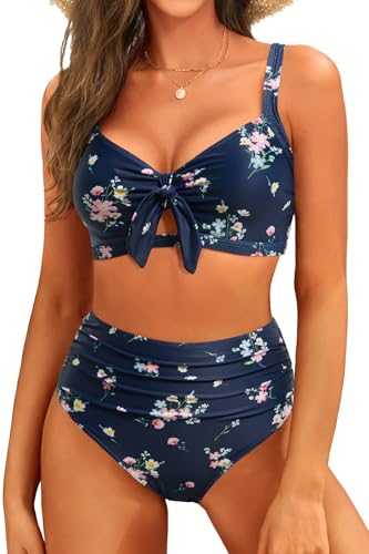 Tempt Me Navy Floral Two Piece Swimsuits - High Waisted Bikini Tummy Control Full Coverage Bathing Suits Ruched Tie Knot Swimwear L