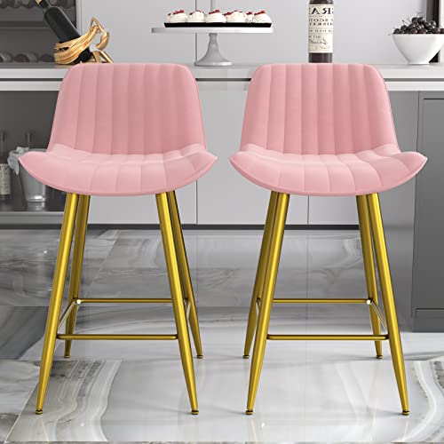 Sucrever Bar Stools Set Of 2, 24" Bar Chairs Velvet Upholstered Counter Height Bar Stools With Back Gold Metal Legs And Footrest, Modern Bar Stools Barstools For Kitchen Counter Bistro Pub, Pink #TOP5