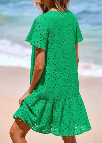 Image of KIRUNDO Eyelet Dresses for Women Button Down Mini Babydoll | 2026 Summer Short Sleeve Boho Sundress, Loose Fit V Neck Short Dress With Pockets, A Line, Cruise Beach Vacation Outfits