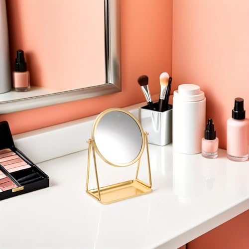 Espejo redondo dorado con bandeja de almacenamiento de metal para maquillaje sin instalación 7