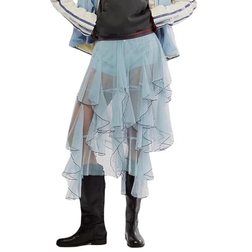 ICNGLKSND Women Mesh Tulle Long Skirt A Line Midi Slip Skirt Asymmetrical Layered Hem Sheer Beach Cover Up Skirt