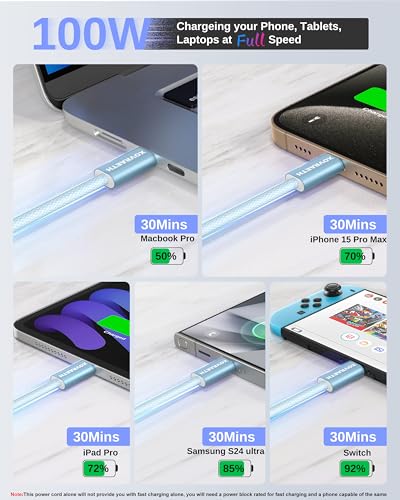 Image of USB C to USB C Cable, 3ft, 100W PD 5A Fast Charging Cord, Aluminum Connector & Nylon Braided Type C Charger Cord for iPhone 17 /16 /15, MacBook Air /Pro, iPad Pro, Samsung S25 /S24 /S23, Pixel 10(Blue)