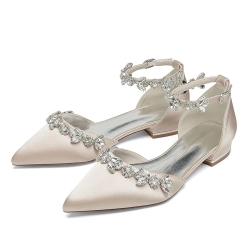 Women's Pointed Rhinestones Toe Satin Wedding Flats for Bride Evening Prom Party Dress Shoes