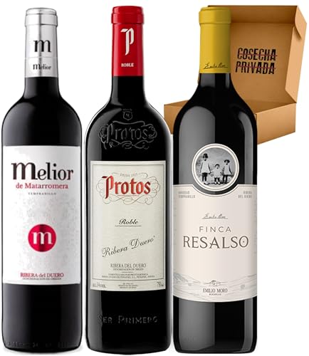 Pack Vinos Ribera del Duero - Envio 24h - Vinos Regalo -Finca Resalso, Melior de Matarromera, Protos Roble - Cosecha Privada (3 x Botella 75 cl, 1.02) - Pack 3 Bot 1.02