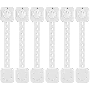 Serrature per credenze per bambini, regolabili con sistema di chiusura a doppia chiusura adesiva aggiornata, per armadi, cassetti, armadi, frigorifero, frigorifero, cestino (6 pezzi, bianco)