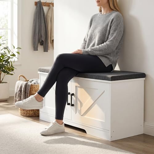 Image of HOMSHO Farmhouse Shoe Storage Bench with 2 Barn Doors & Padded Seat Cushion | 39.4 inch Wide Entryway Bench with Adjustable Shelves & Hidden Storage, White