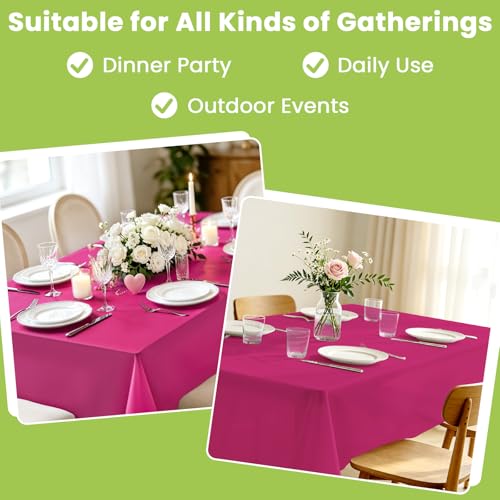 Image of Mulbozy Rose Pink Plastic Tablecloth Disposable 4 Pack, 54 x 108 Inch Table Cloths Rectangle, Hot Pink Plastic Tablecover for Party Decor