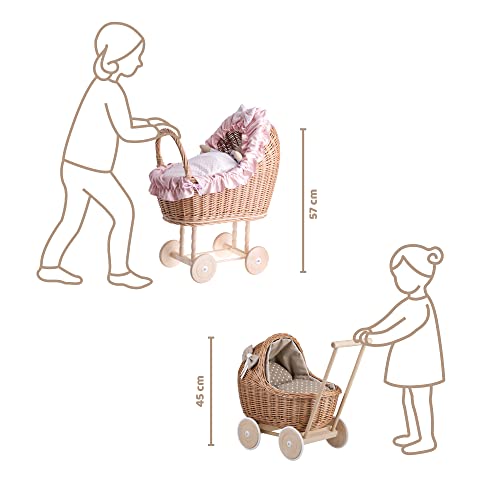 e-wicker24 Alles aus Weide Puppenwagen aus Weide mit Bettwäsche perfekte Geschenkidee Korbpuppenwagen schöner Spielzeug aus Korbgeflecht Korbwagen für Puppen Spielzeug für Mädchen (Pink 2) – Bild 4