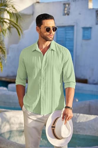 Image of Men's Casual Button Down Linen - Long Sleeve Textured Summer Beach Shirt - Men's Fashionable Lightweight Breathable Stylish Fancy for Vacation