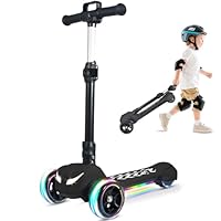Electric Scooter for Kids Ages 3-12, Full Body Lights Up, Stickers, Wide Deck, 3 Adjustable Heights, 5MPH Safe Speed, 90min Riding, Foldable 3 Wheel Electric Scooter for Kids Boys Girls, Black