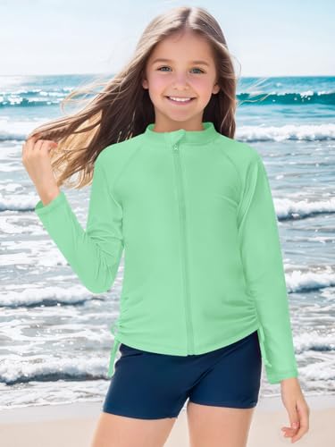 Image of BesserBay UV Protection Beach Sun Shirt Mint Green Full Zip Quick-Dry Rashguard Shirt for Big Girls 11-12 Years