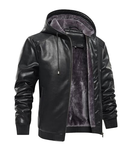 Image of INVACHI Men's Faux Leather Jacket, Hooded Fleece Lined Motorcycle Bomber Jacket