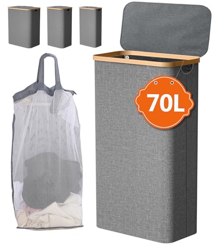 IHOMAGIC Panier à Linge avec Couvercle 70L, Petit Corbeille a Linge Pliable, Panier a Linge Extra Plat avec Poignée et Sac Intérieur Amovible, Bac a Linge pour Coins et Buanderies, Gris