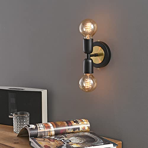 Image of BRIGHTTIA Luna Duo 2 Light Wall Sconce - Mid Century Modern Fixture for Wall & Ceiling - Minimalist Edison Lamp for Hallway and Bathroom Vanity - Black & Gold (BW0026-2BG)