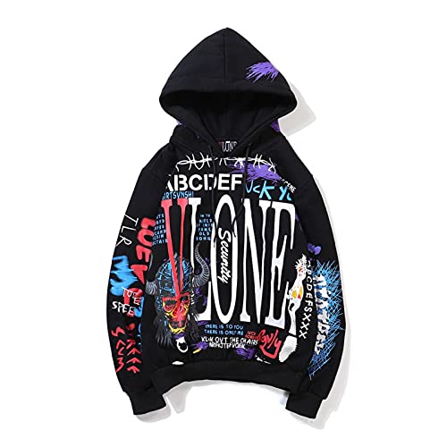 Men s Hoodies And Sweatshirts Graffiti Print Vintage Pullovers Streetwear Hip-hop Couple Outfits Black