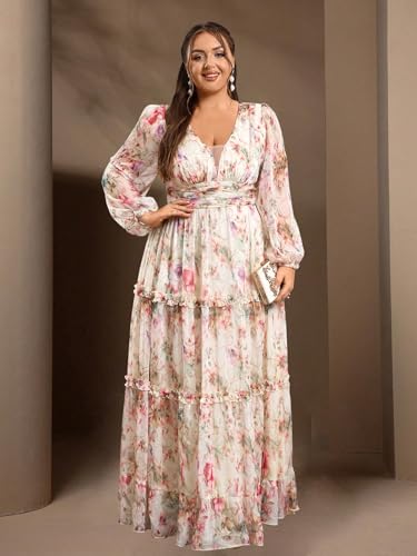 Image of Spring Summer 2024 Plus Size Womens Dresses V Neck Casual Elegant Long Sleeve Floral Print Maxi Dress