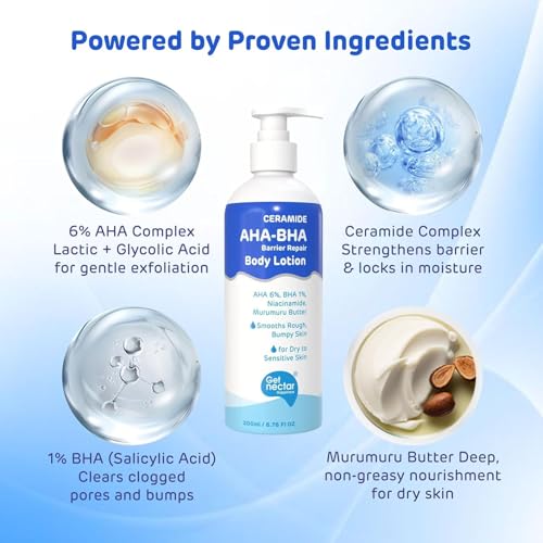 Image of Get- Nectar Happiness Ceramide AHA 6% + BHA 1% Barrier Repair Body Lotion | Exfoliating & Hydrating Moisturizer| 2% Niacinamide, 4% Glycolic Acid, 2% Lactic Acid, 1% Salicylic Acid, Rice Water | 200ml