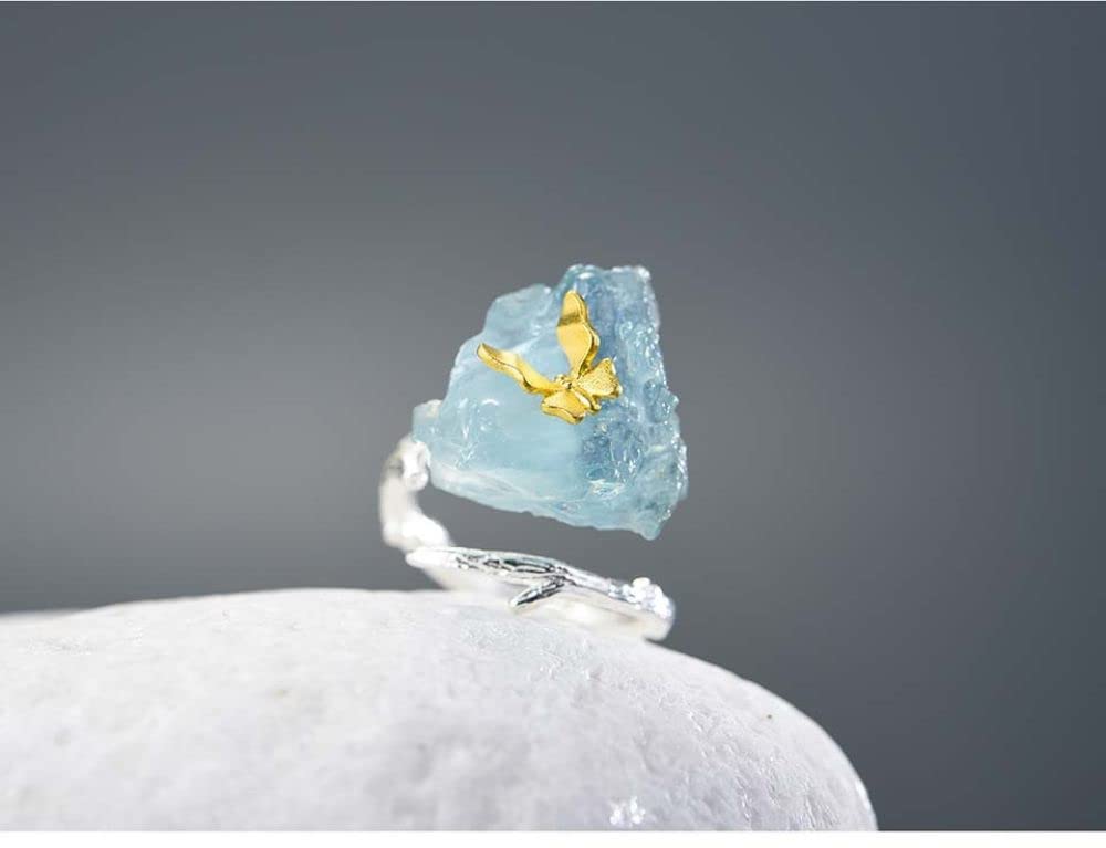 HGJH Ringe Silber, Sterling Silber Ringe Frauen 925 Aquamarin Schmetterling Golden Verstellbare Ringe Mode Elegant Temperament Verstellbare Ringe Energie Charme Schmuck Geschenke Für Männer Damen