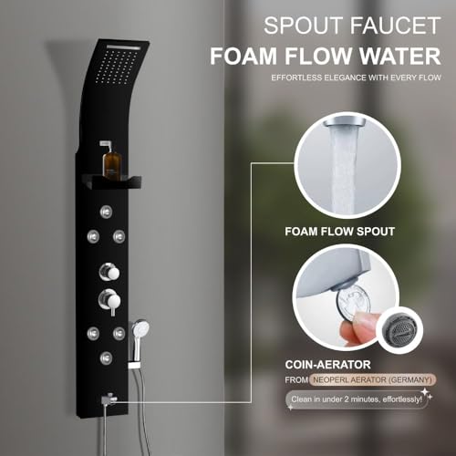 Image of Jaaz Hydra Aluminum Shower Panel for Bathroom Full Set with Rain & Waterfall Overhead Shower, 6-Body Jets, 5-Function Mixer & Diverter, Shampoo Rack, Hand Shower & Tub Spout (1, Black)