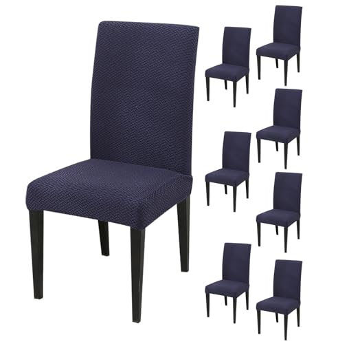 Image of House of Quirk Elastic Jacquard Chair Cover Stretch Removable Washable Short Dining Chair Cover Protector Seat Slipcover (Pack of 8, Navy Blue)