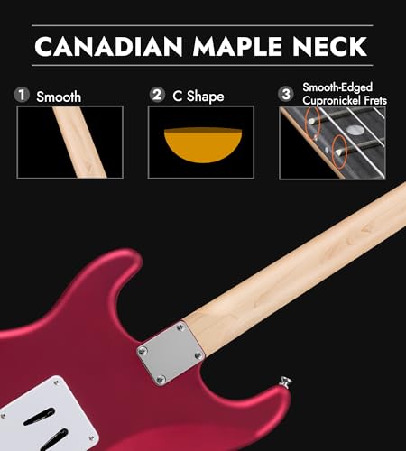 Tostar Beginner Electric Guitar, Solid Body, 39" Full Size Strat Style with HSS Pickups, 5-Way Switch, Tremolo Bridge, Maple Neck & Tectona Fretboard, Ideal for Beginners and Gifting, Red — view 6