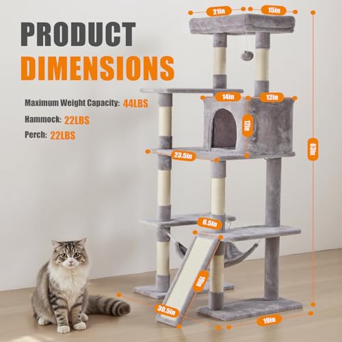Image of Sweetcrispy 63 inch Cat Tree Tower, Large Multi Level Cat Climbing Tower with Condo, Natural Sisal Scratching Posts, Extended Platform, Hammock, Pet House for Indoor Cats and Kittens Play, Grey