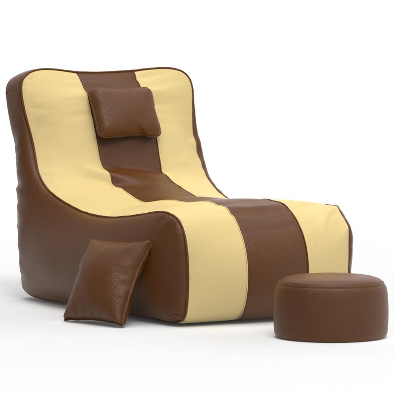 Image of Biggie Bean Bag with Beans Filled 6XL Zuno Lounger-Laziness Pro Max-Crafted for Comfort-Styled for Elegance with Free Cushion & Footrest (Matching Color : Leatherette Brown Cream)