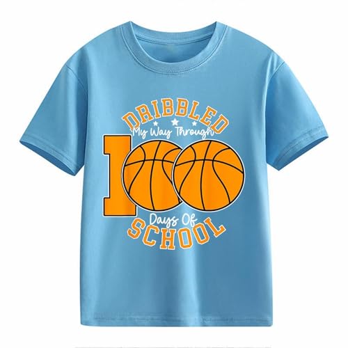 Kids 100 Days of School Letter Print T-Shirt, Casual Basketball Patterns Back to School Cotton Tee for Boys, 2-13T
