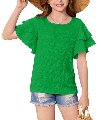 Image of Girls Summer Crewneck Tee Shirts Double Ruffle Short Sleeve Stretch Textured Fabric Casual Blouse 5-14 Years